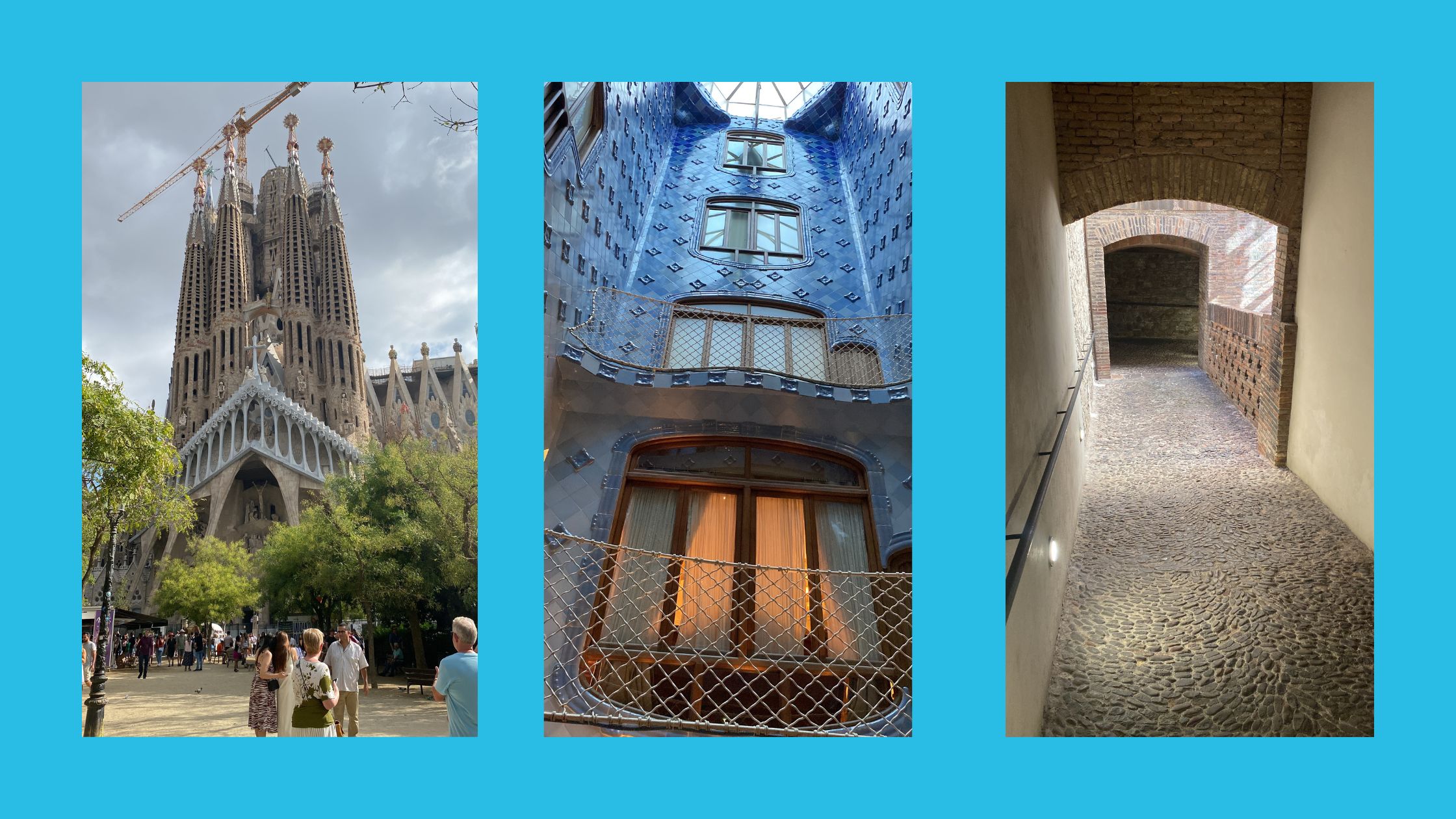 Blauwe achtergrond, drie rechtopstaande foto's naast elkaar. Links een foto van de gevel van de Sagrada Familia vanuit het park genomen met wat mensen op de voorgrond. In het midden een foto van de patio van Casa Batlló waarop een gevel met keramiektegels met een reliefmotief en van boven naar onder in lichter blauw en raampartijen in een organisch gevormd houten kozijn en een balkon. Rechts een foto van een neerwaartse gang met stenen vloer, gedeeltelijk overdekt en aan het einde een donkere ingang.