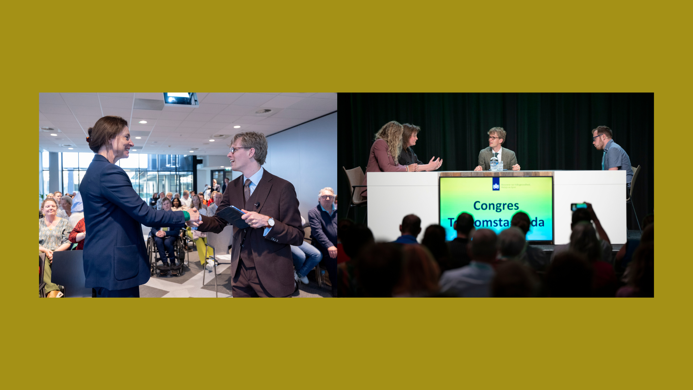Collage met twee foto's. Links geef ik demissionair minister Uitermark een hand voor een kleine zaal, rechts leid ik een tafelgesprek met onder anderen voormalig staatssecretaris Maeijer.